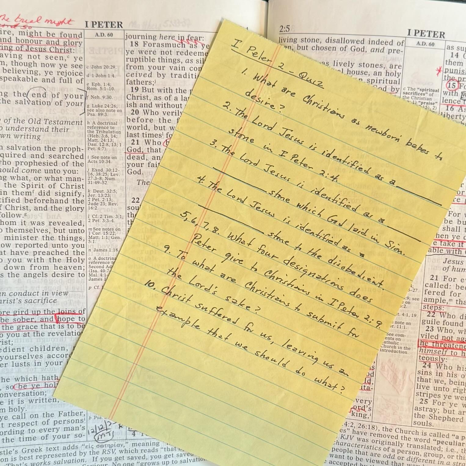 This rough draft of a I Peter 2 Quiz is probably 60 years old, scribbled down by my grandfather on a piece of notepaper, undoubtedly for one of the classes he taught at Bob Jones University in Greenville, SC. Can you pass this quiz without opening yo