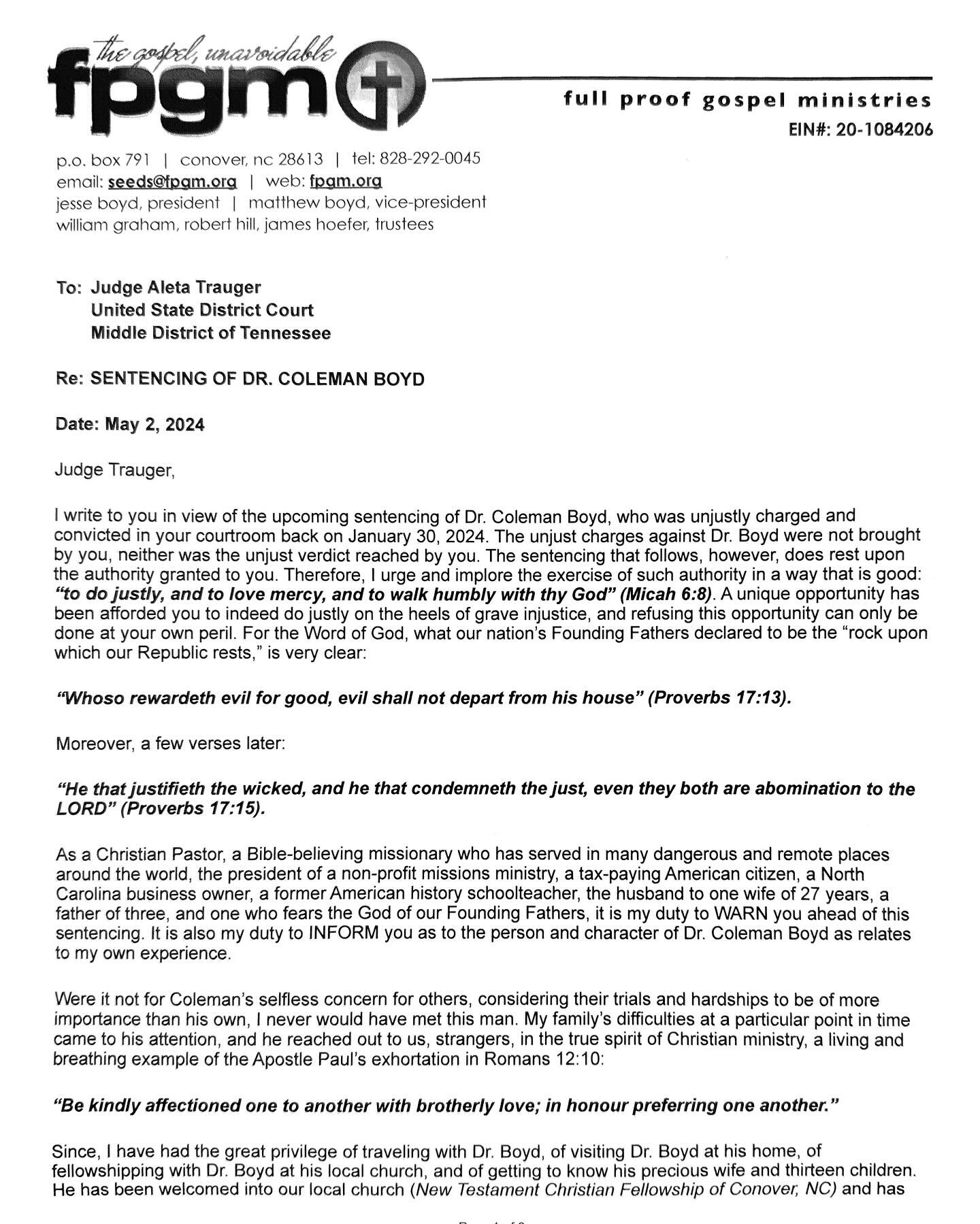 This letter, addressed to US District Judge Aleta Trauger of the Middle District of Tennessee, was mailed yesterday. It was a great honor and a privilege to remonstrate and to warn on behalf of a modern-day hero of the Christian faith, one of the unj