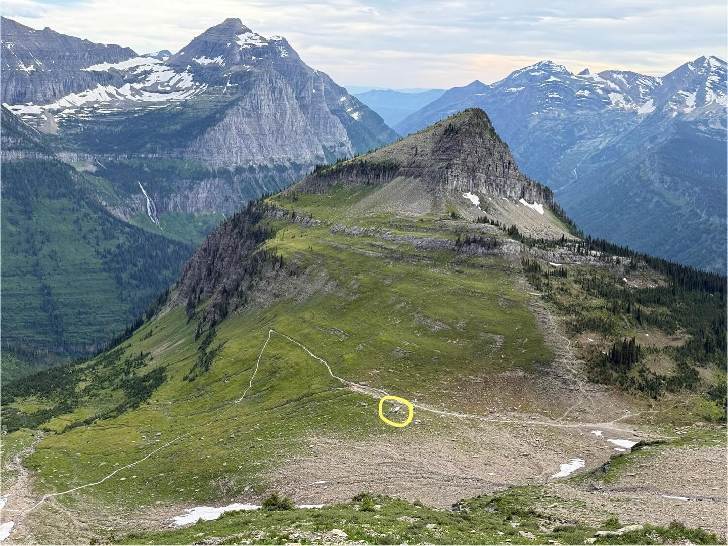 I snapped the first photo high up on the West Face of Mount Gould while searching for the Oregon father yesterday. We needed to know for sure whether he was alive or dead. The yellow circle is the boulders at Haystack Pass where we were having our Bi