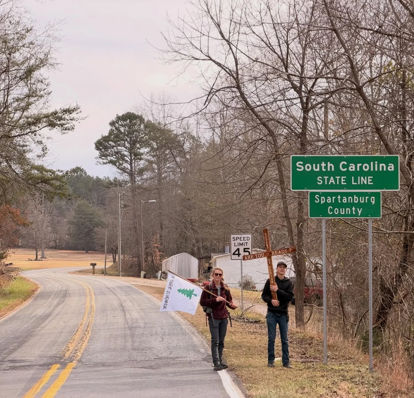 What a blessing to be out again today with the cross. After walking across Cowpens National Battlefield on Sunday afternoon and through the town of Chesnee, we turned north today and walked back into North Carolina all the way up to Chase High School