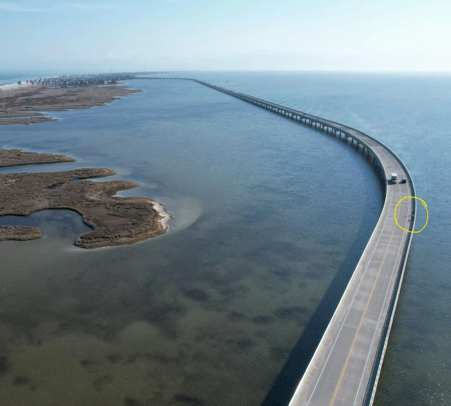 Cross-walking the 3-mile Jug Handle Bridge, NC Outer Banks. 10 encounters today. #thelongwalkusa