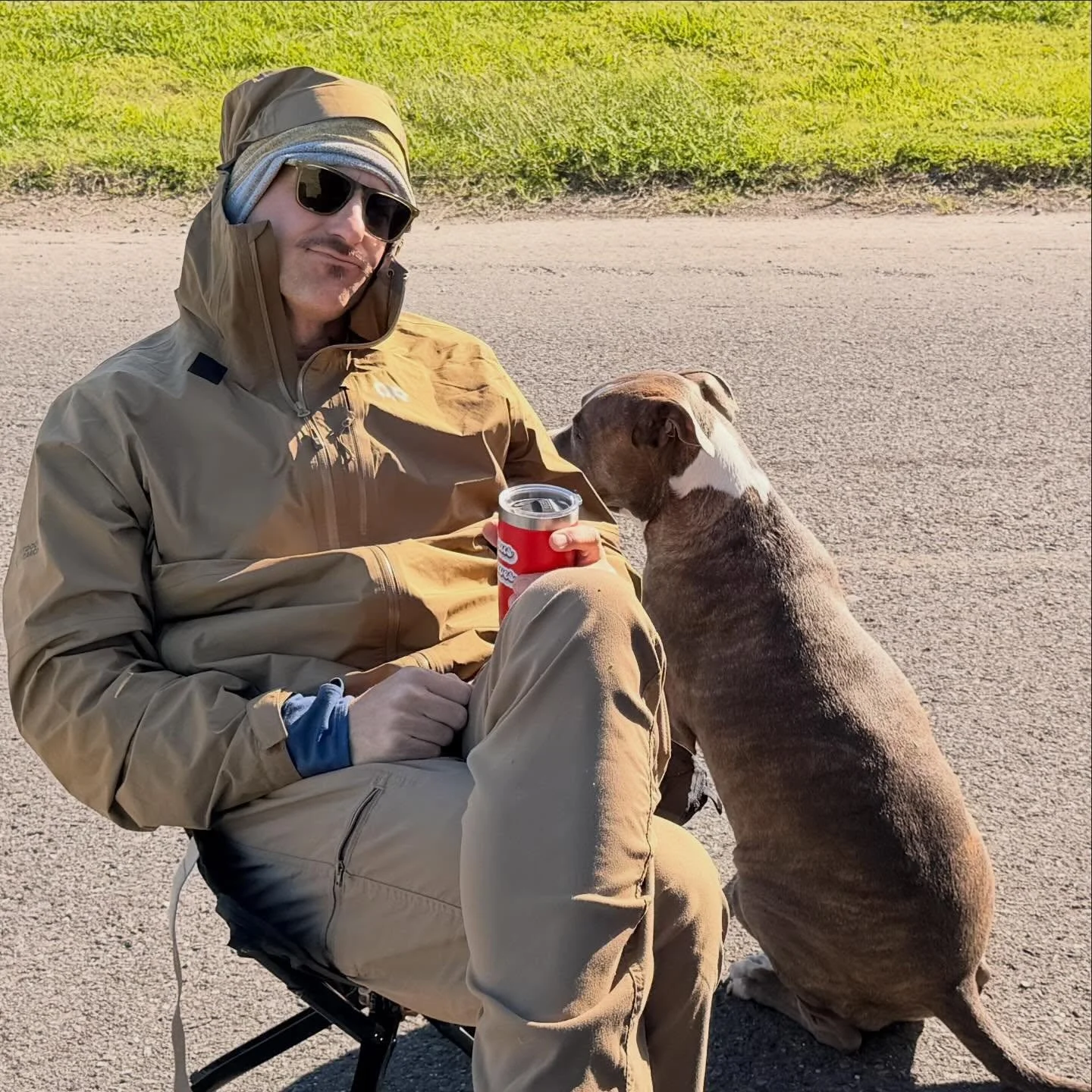 This pit bull just walked up and sat down beside me in Plaquemines Parish, LA while I sat down for a coffee break below the Mississippi River levee. Not sure if I should be a little nervous or not. Can you say unpredictable? #thelongwalkusa #thelongw