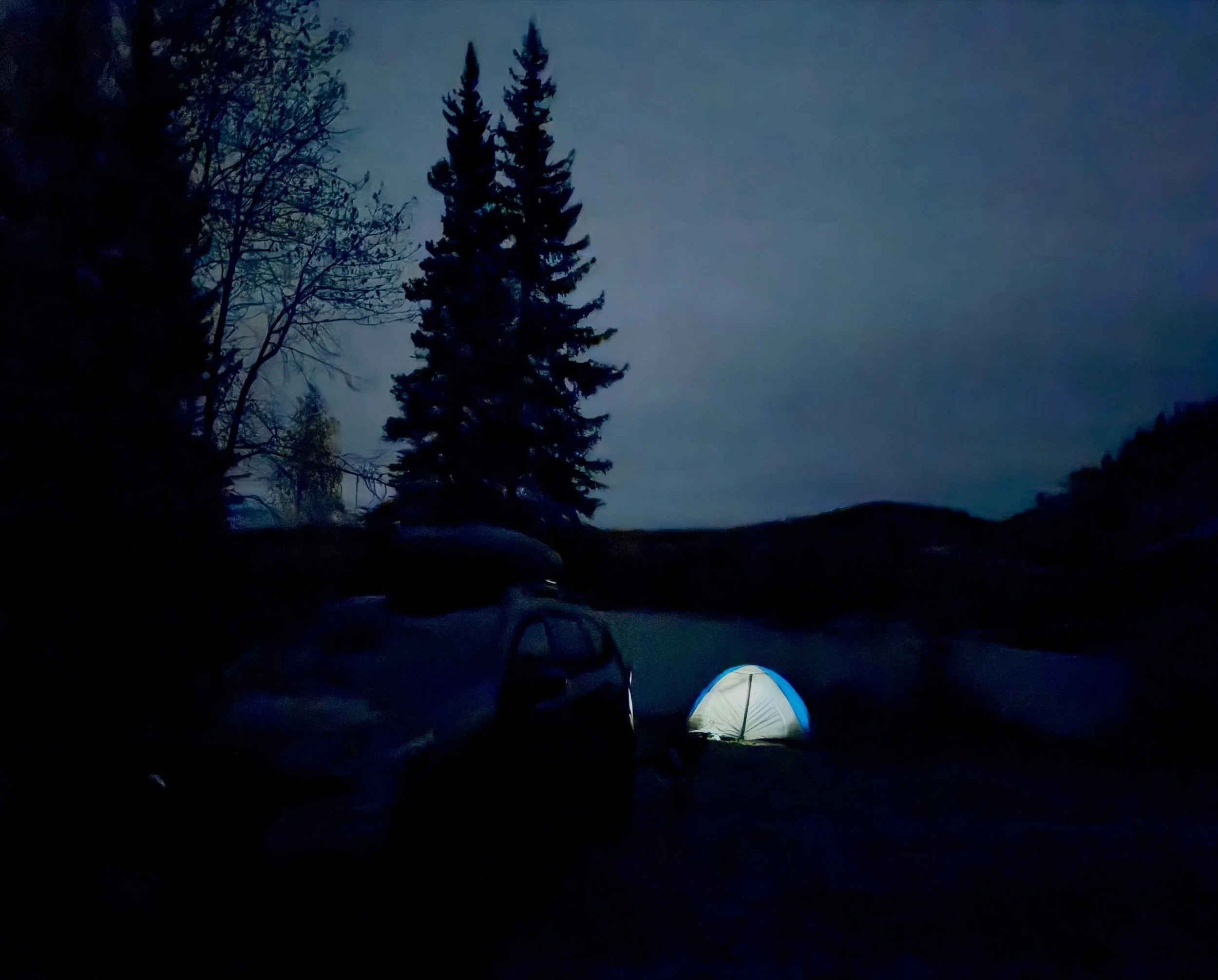 Bedded down late last night to the glow of Carter and Bethany&rsquo;s tent. Woke up this morning and noticed that same tent and the Hyland Bridge surrounded by gorgeous Fall colors. Funny, I think I camped near this spot 17 years ago while pedaling a