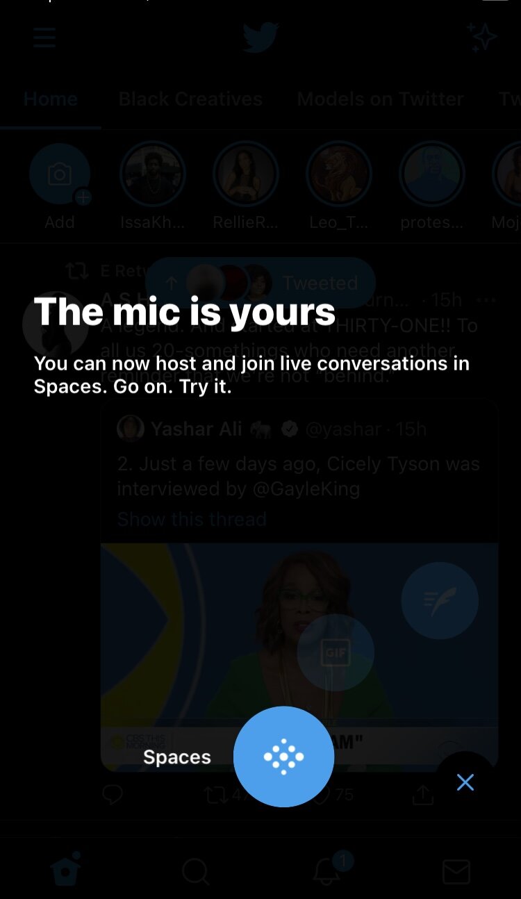 Twitter Spaces Beta Test Screen 1