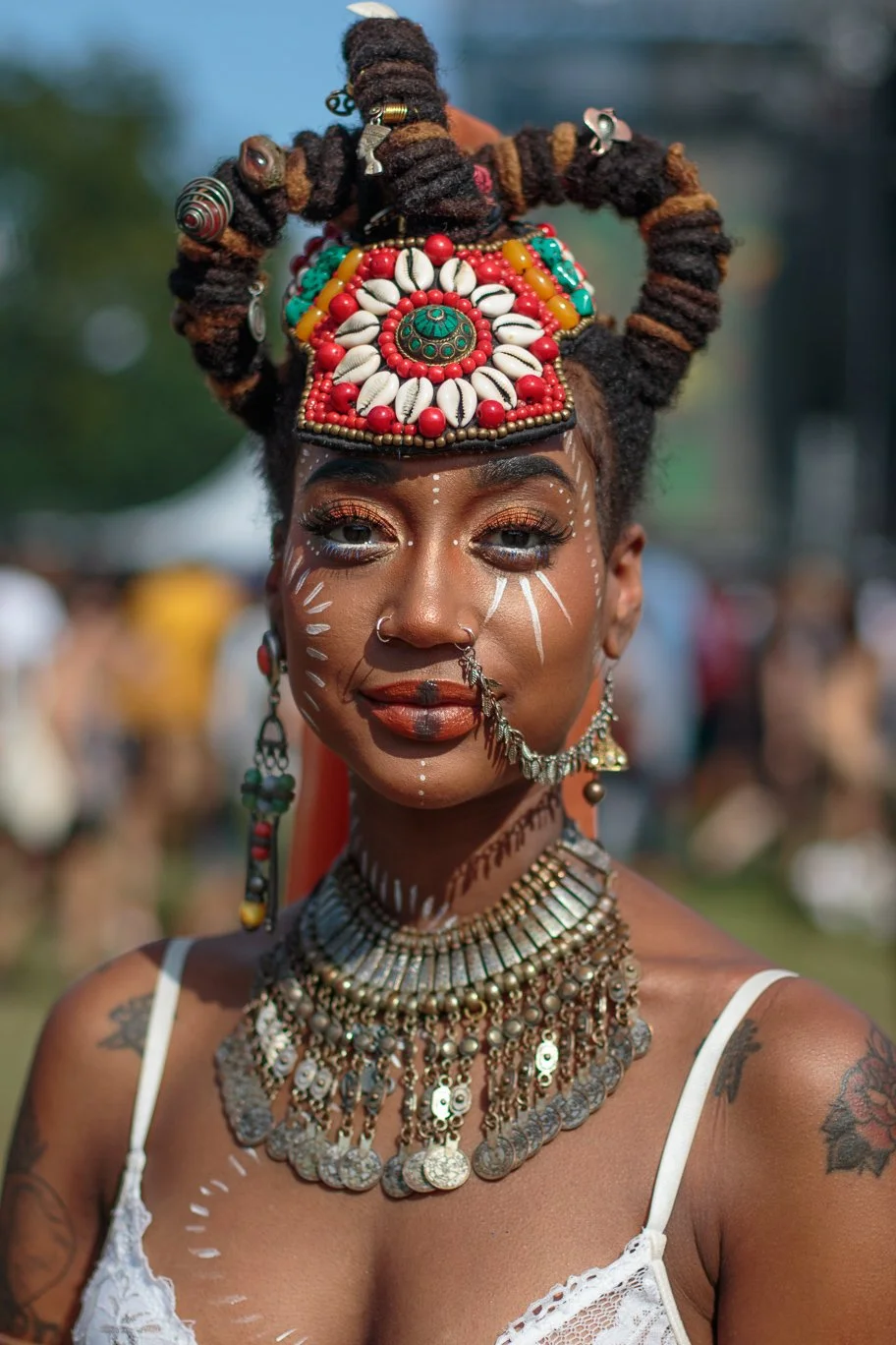 A woman dressed in traditional African attire, featuring a large beaded and shell headdress, layered necklaces, earrings, and face paint, with a blurred outdoor background.