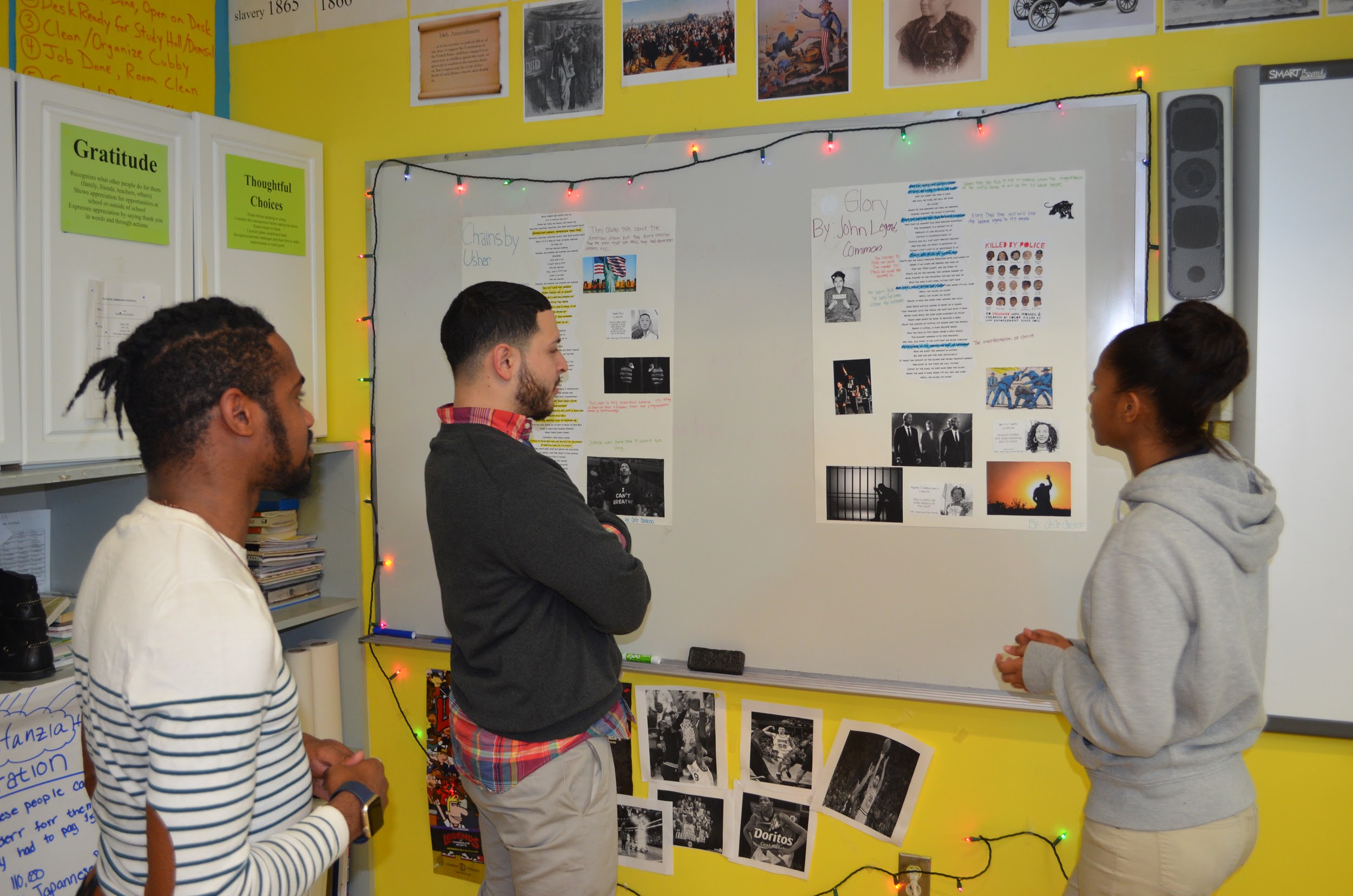 Cece going over her presentation with teachers