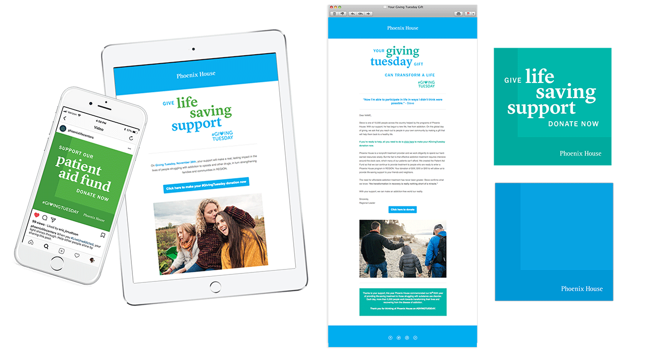 Print and digital components of the large-scale End of Year giving campaign. I went for a clean design with geometric, unexpected elements to appeal to potential donors of all ages.