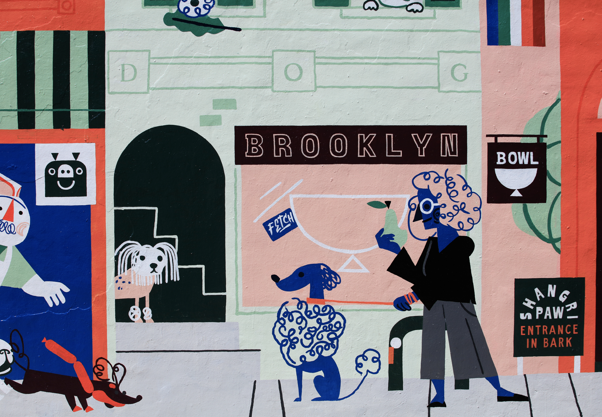   The mural design was an iterative and collaborative progress — establishing the perspective and environment for both charm and clarity, and then carving space for the dogs, humans, and easter eggs to live in just the right level of chaotic harmony.