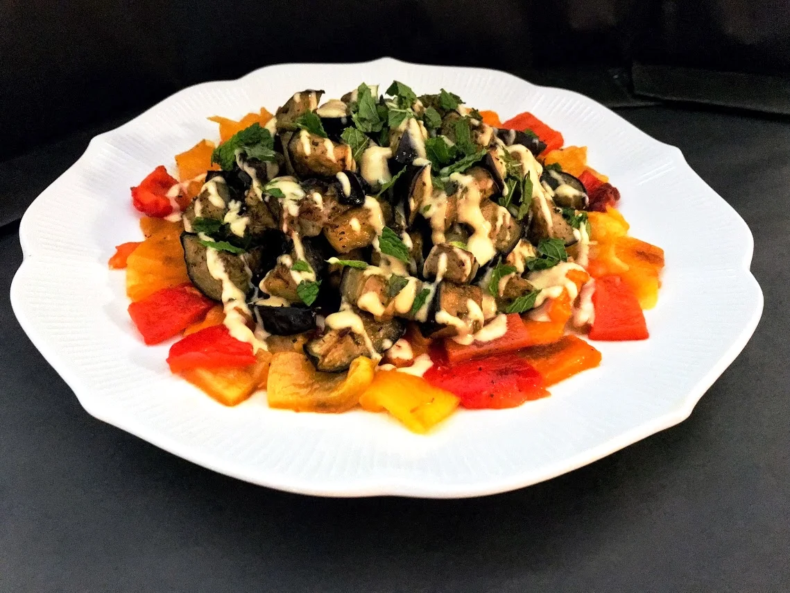 Roasted Eggplant and Pepper Salad with Miso Tahini Dressing