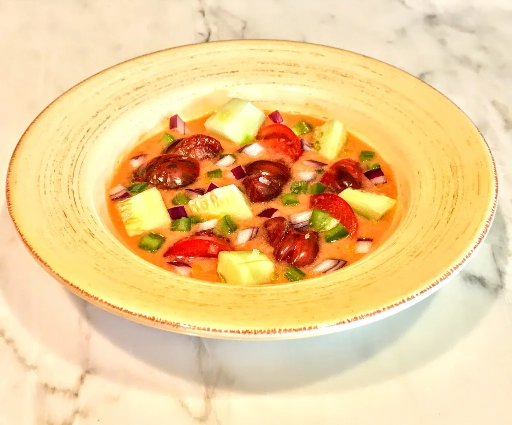 Heirloom Tomato and Chunky Garden Vegetables  in a Pool of Gazpacho