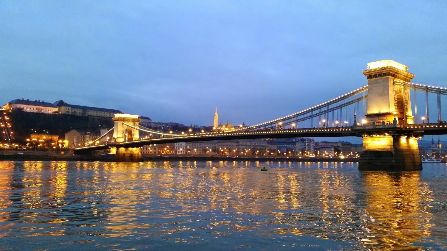 The bridge from Buda to Pest taken from our cruise ship window at sunset.