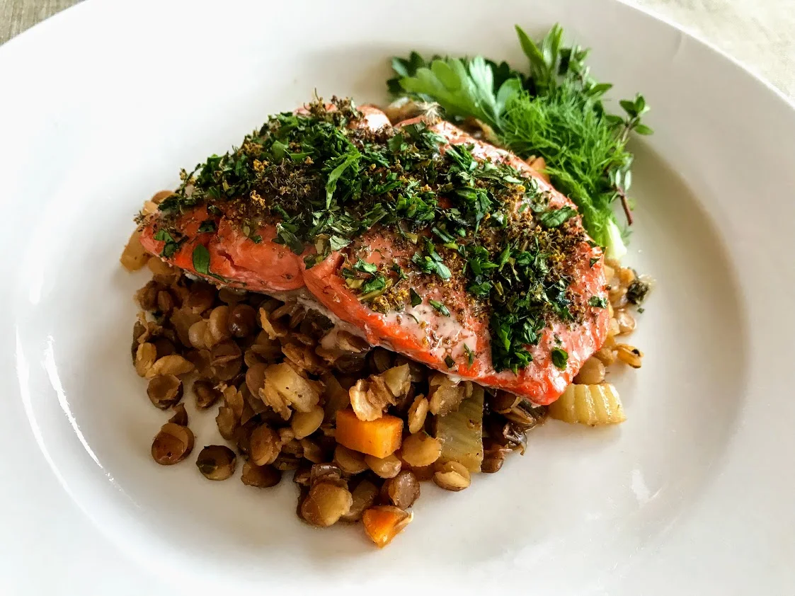 Herb Roasted Salmon on Fennel, Carrot, Sprouted Lentils