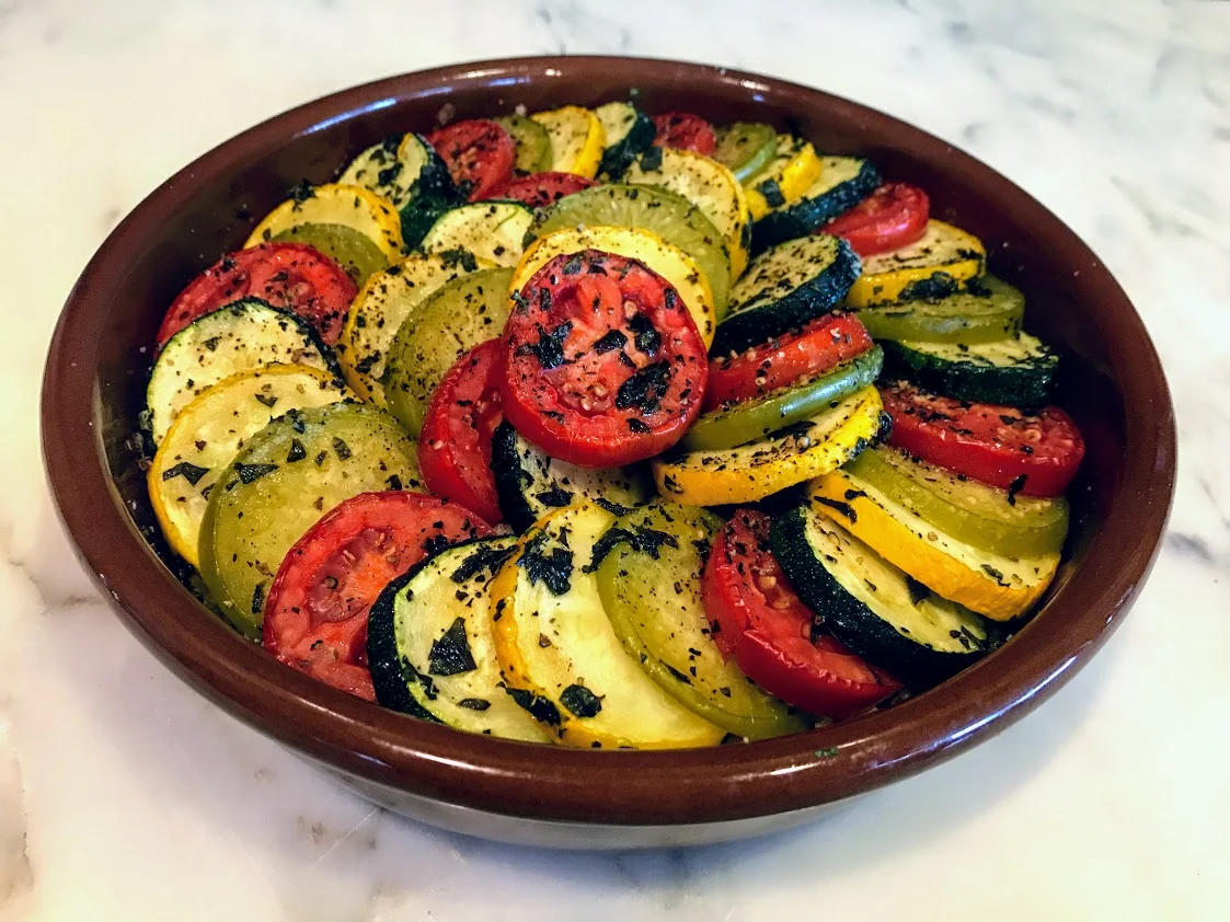 Summer Squash, Tomatoes, and Tomatillos on Quinoa Cazuela 