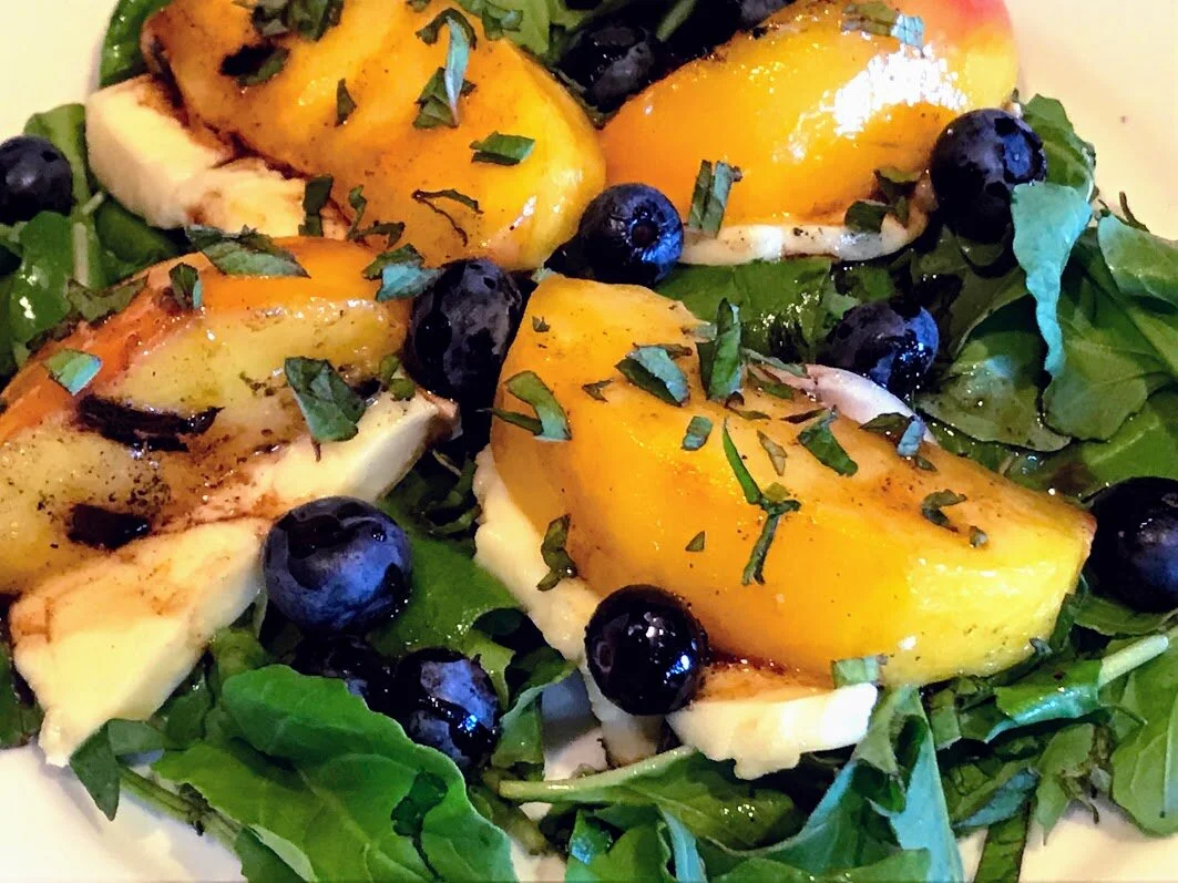 Grilled Peach &amp; Blueberry Caprese with Cinnamon Balsamic Dressing