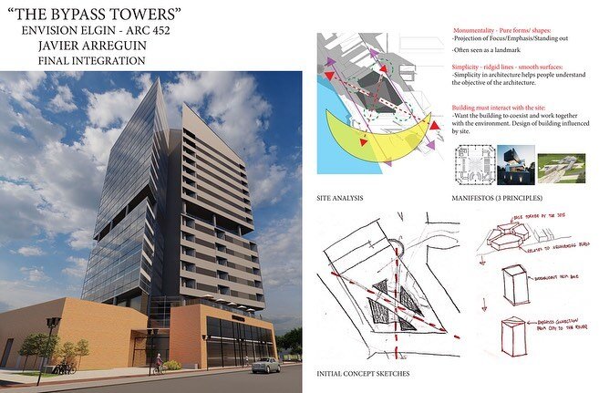 Judson University Student and Madera, Ca resident Javier Arreguin. &ldquo;The Bypass Towers&rdquo;.
Monumentality - Pure forms / shapes:
Projection of Focus/Emphasis/Standing out

Often seen as a landmark

Simplicity - rigid lines - smooth surfaces:
