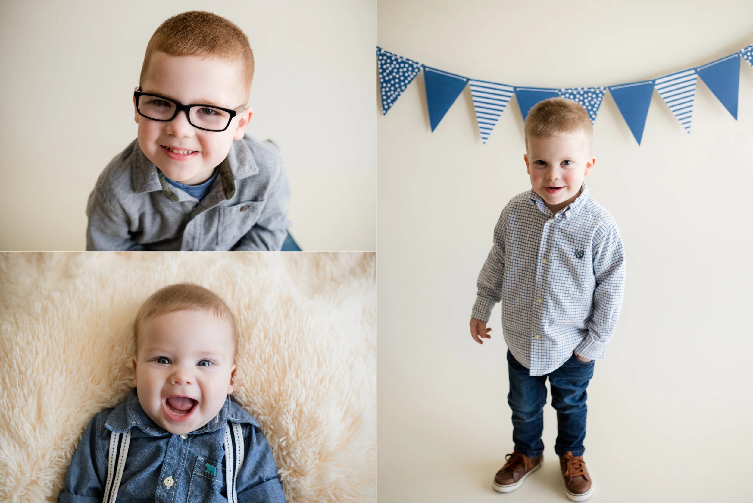 Three boys smiling at camera during indoor photo session located in Cedar Rapids, Iowa. 