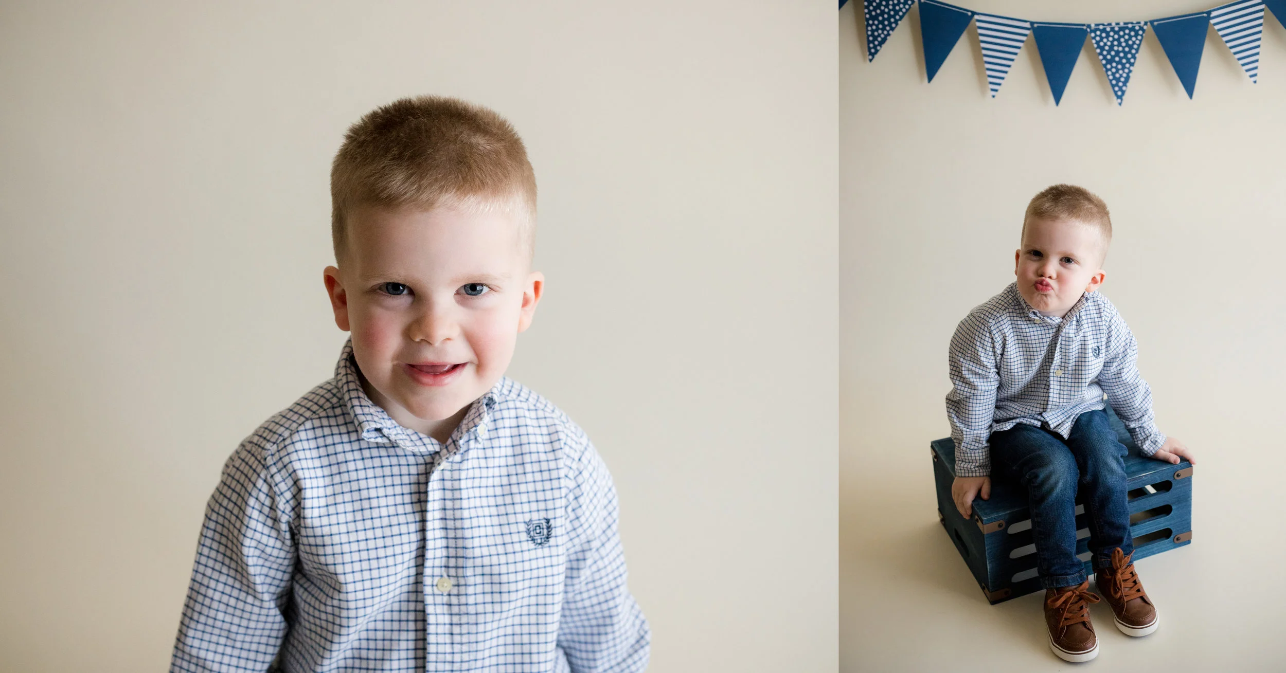 Three year old boy sitting during photo session in Cedar Rapids, Iowa. 