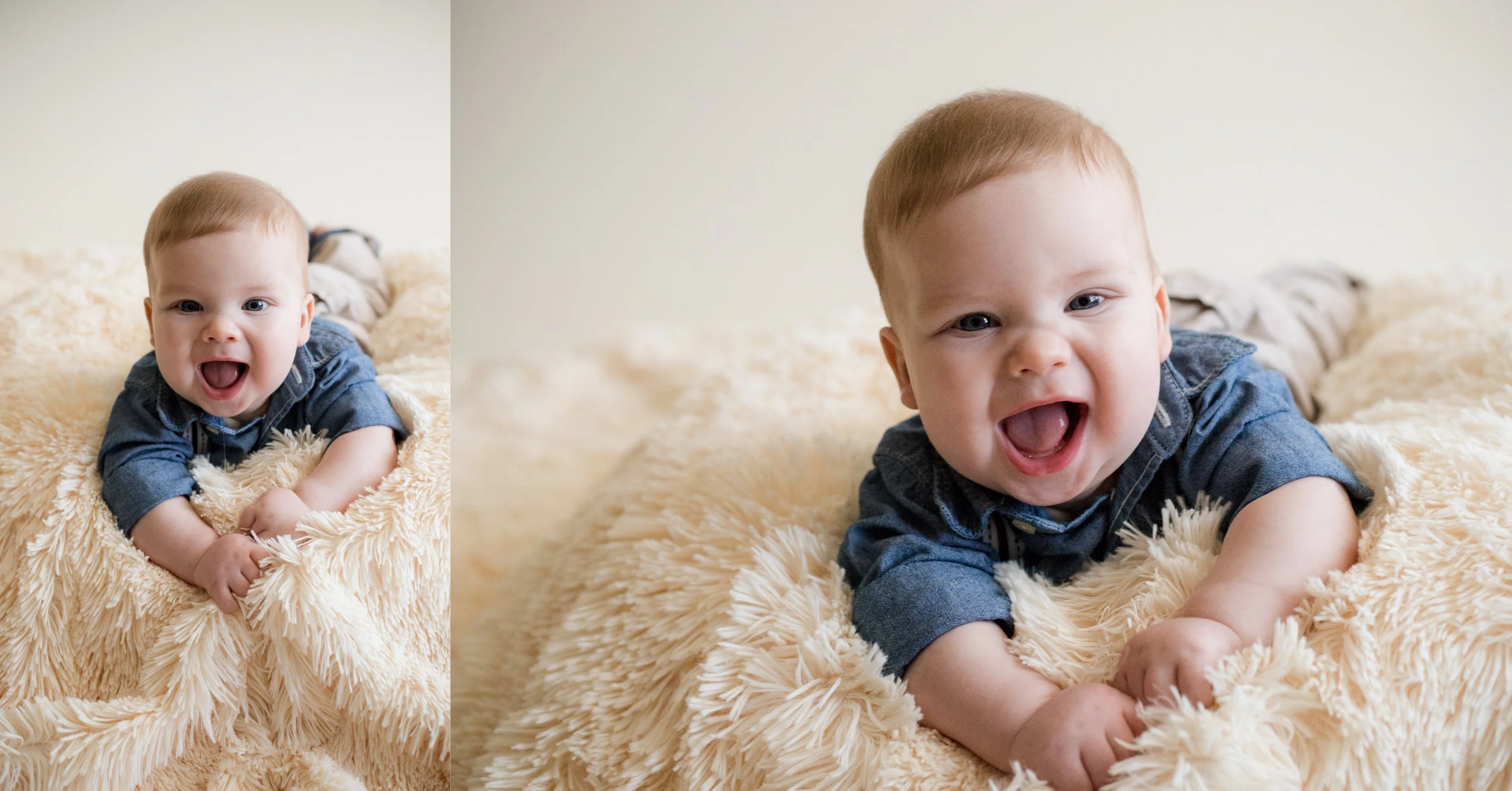 Four month old baby boy laying on stomach and smiling during indoor photo session in Iowa. 