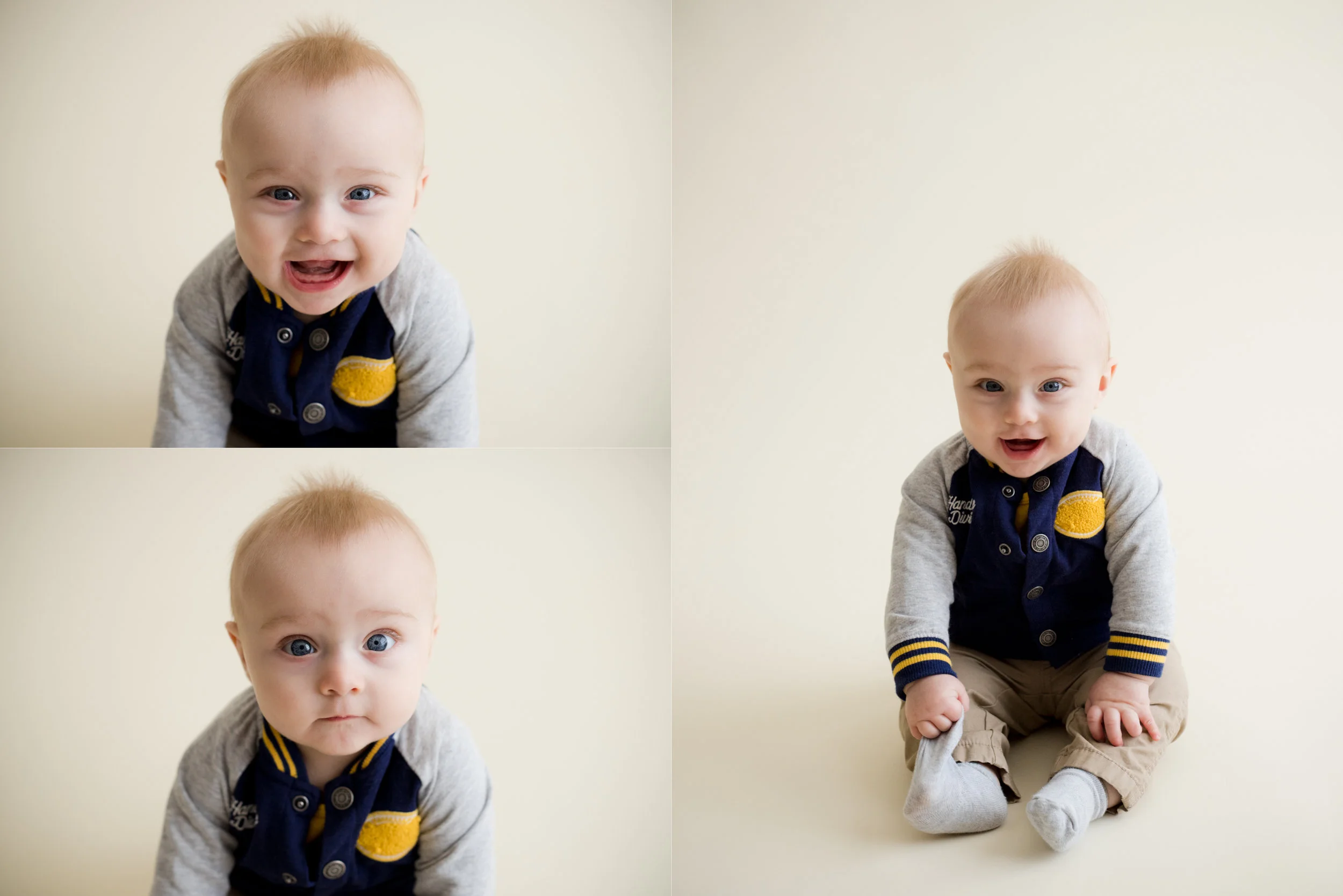 Six months old baby boy sitting and smiling during photo session in Cedar Rapids, Iowa. 