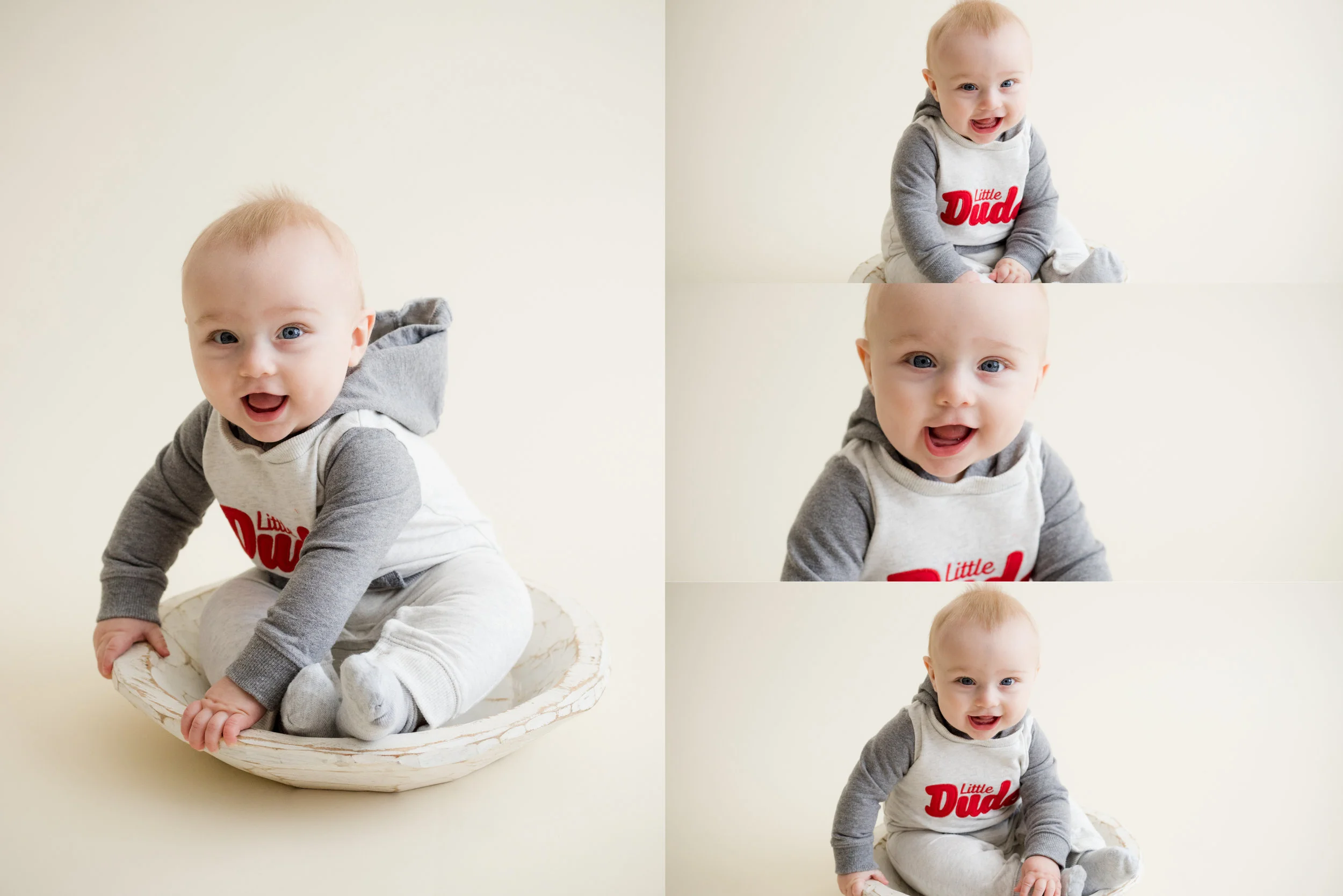Baby boy sitting up on own during a photo session in Cedar Rapids, Iowa. 