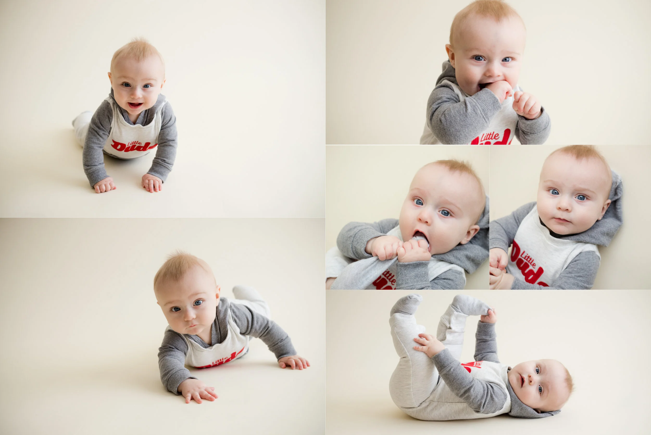 Photos of a baby boy laying on stomach and back during photo session in Cedar Rapids, Iowa using natural light. 