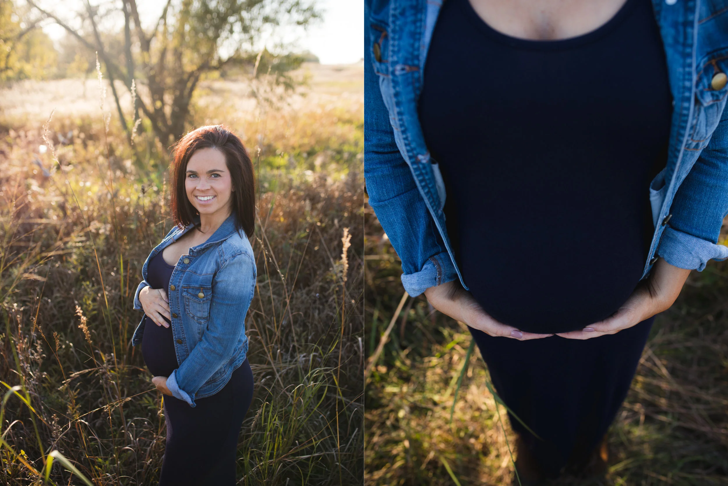 A woman who is 32 weeks pregnant stands holding her belly during a maternity photo session in Cedar Rapids, Iowa.