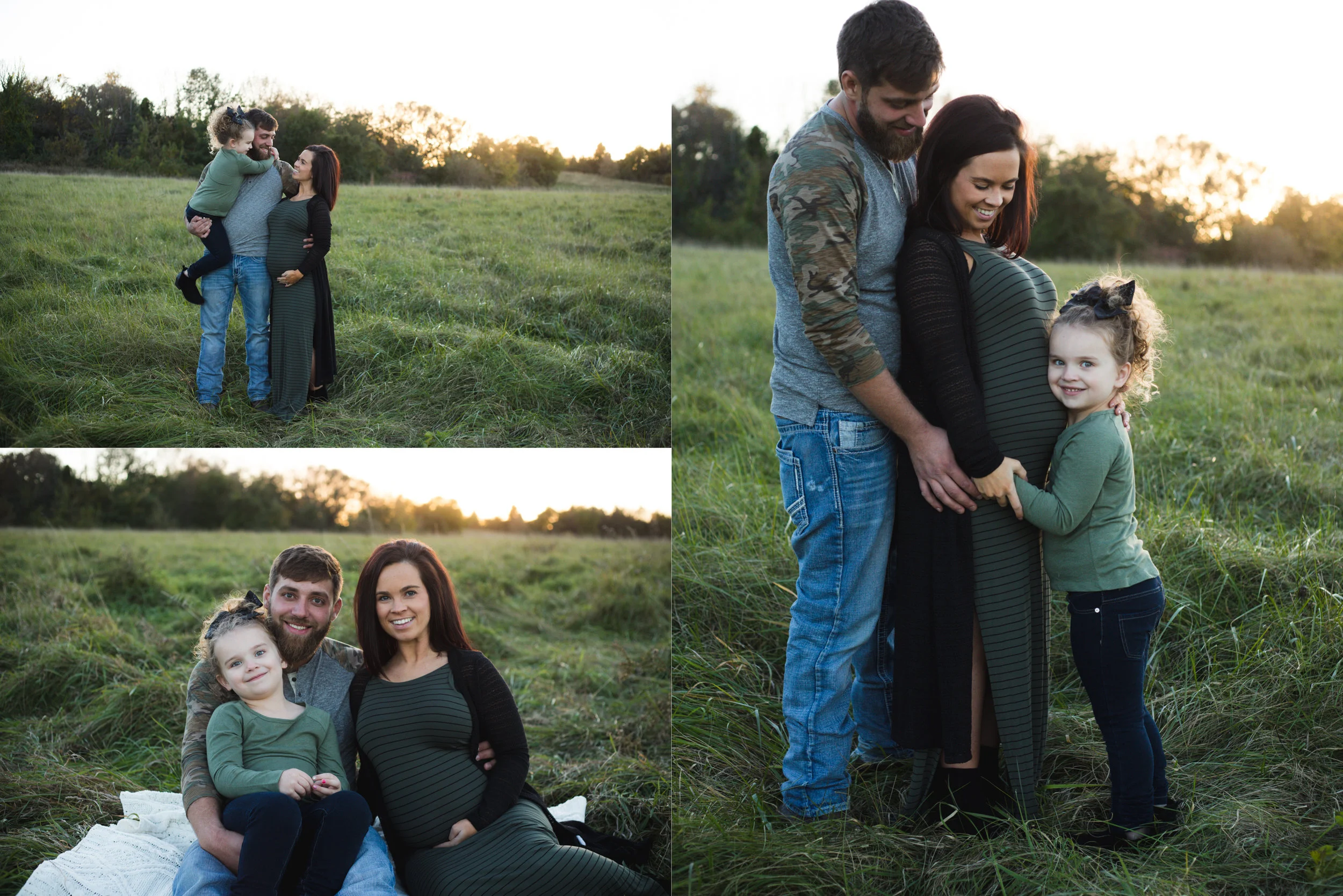 A family of three who are 32 weeks pregnant sitting and standing in a field at a park during a maternity photo session in Cedar Rapids, Iowa.