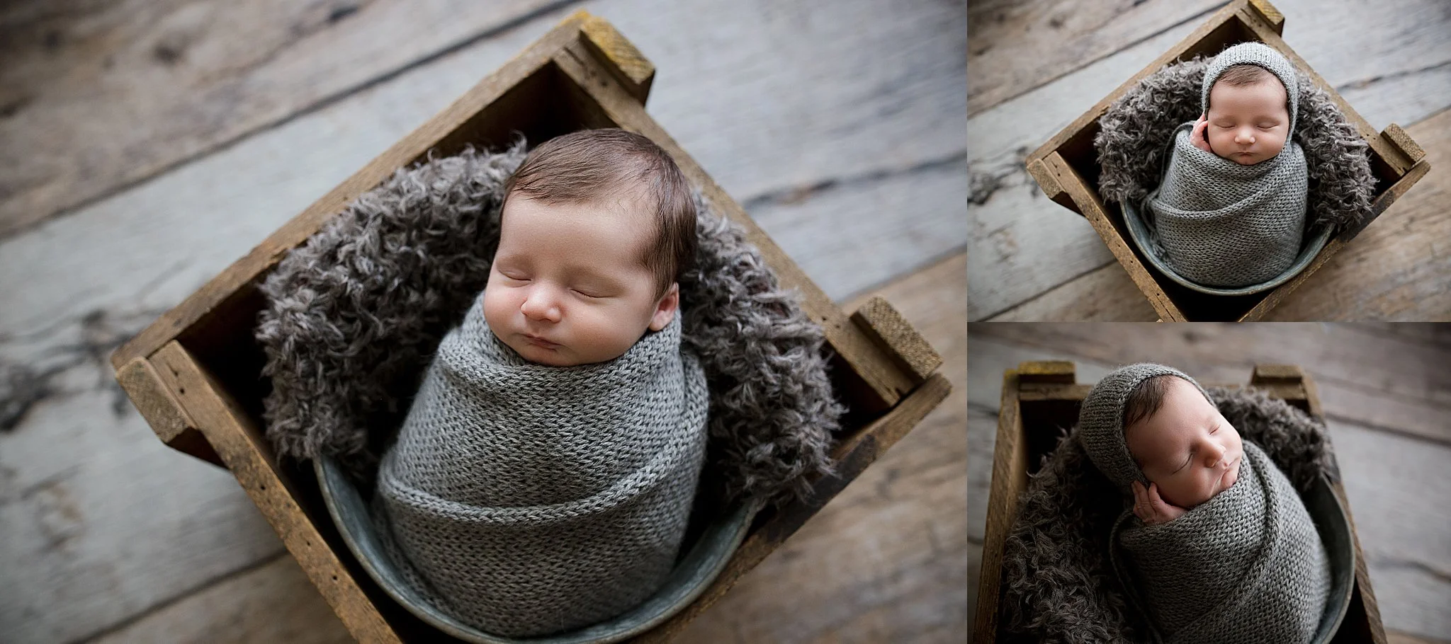 Newborn baby boy sleeping and wrapped in gray during a newborn photo session with Laura Anne Photography in Cedar Rapids, Iowa.