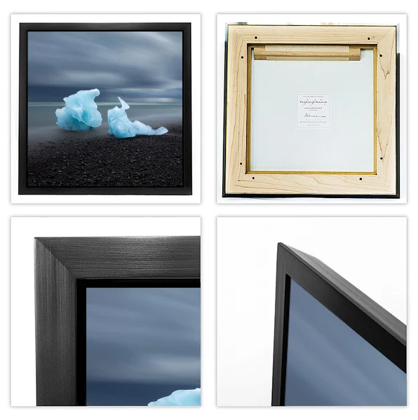 MUSEUM WITH WOOD STYLE is presented with a custom-milled hard rock maple wood frame and black finish - a 1 1/4” face and 2” deep beveled sides with a 1/4” float.