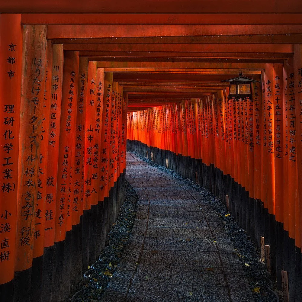 Japanese torii pathway with vivid red tones and leading perspective