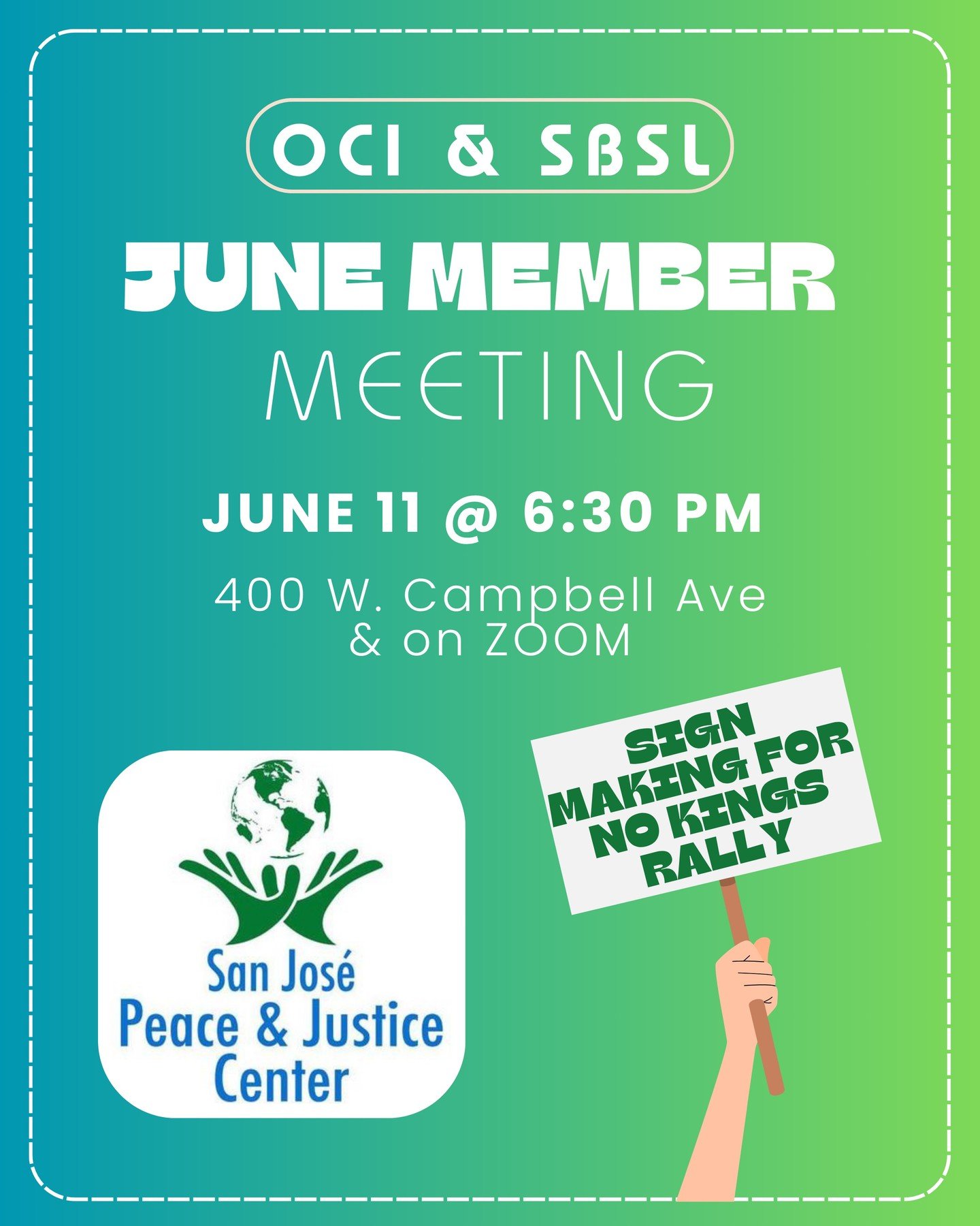 📅 Join OCI for our monthly member meeting on Wednesday, June 11th for an evening of action and education. Post-carding will be available as always. Our guest speaker will be the San Jose Peace &amp; Justice Center! https://sanjosepeace.org/
📍 Nelso
