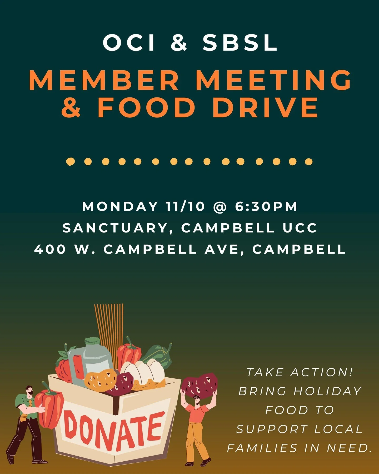 📅 Join OCI &amp; SBSL for our Monthly Member Meeting! Monday, November 10th &ndash; An evening of action, connection, and community. We&rsquo;ll (hopefully!) be celebrating election wins and collecting holiday food &mdash; perishable and non-perisha