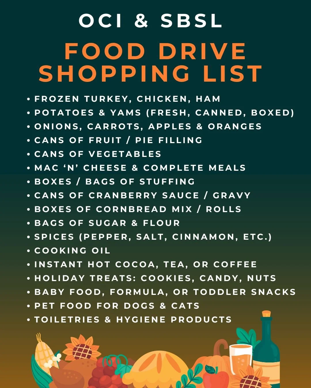 Monday, November 10th is the annual OCI &amp; SBSL holiday food drive! Bring your donations to Campbell United Church of Christ @ 400 W. Campbell Avenue, Campbell, 95008 during our member meeting! We'll be there 5:30 - 8:30 PM.