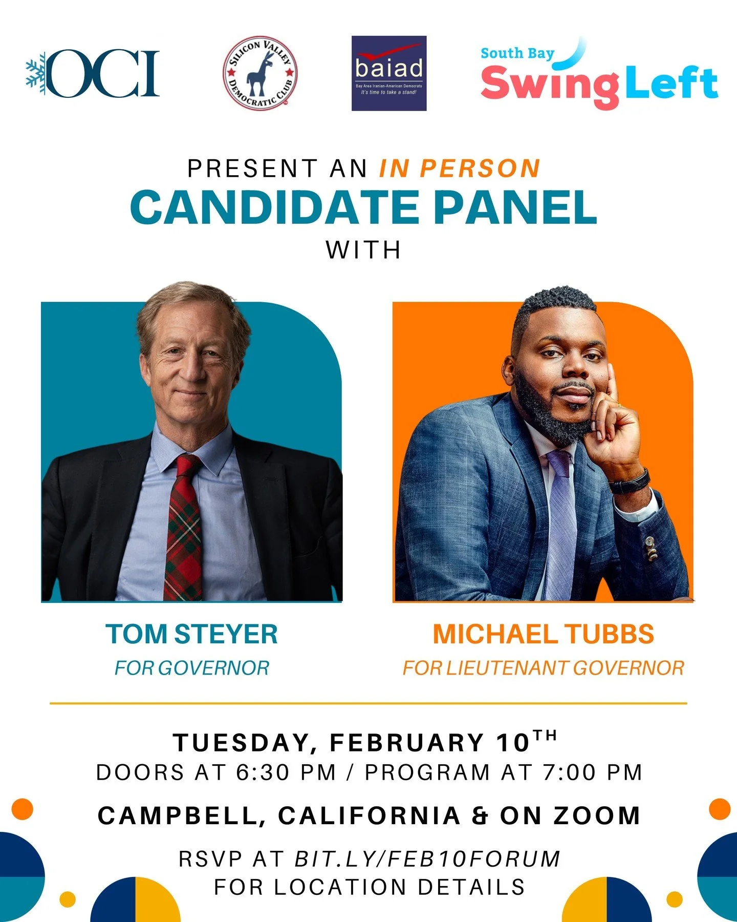Join @orchardcityindivisible, @demclubsv, @swingleftsb and Bay Area Iranian-American Democrats for a candidate forum featuring @michaeldtubbs for Lieutenant Governor and @tomsteyer for Governor on Tuesday, February 10, at 7:00 PM in Campbell, CA and 
