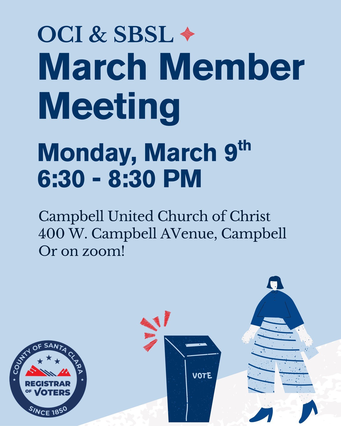 📅 Join @orchardcityindivisible &amp; @swingleftsb for our Monthly Member Meeting on Monday, March 9th at 6:30 PM &ndash; an evening of community, education, and action. Postcarding will be available as always. We will be joined by the Santa Clara Co