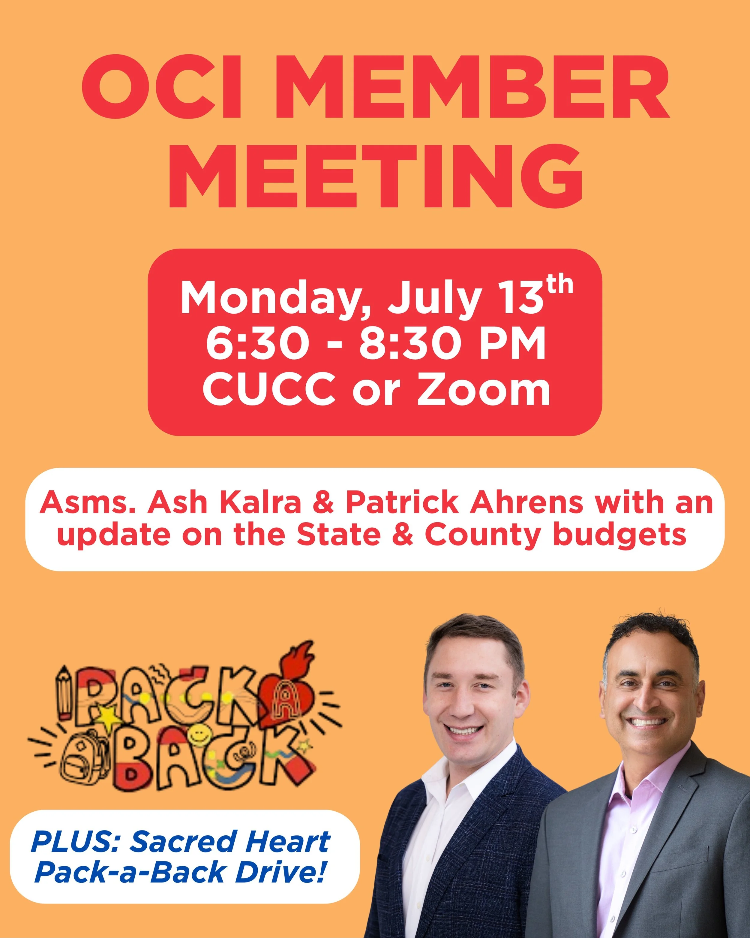 📚✏️ Join us for our July OCI Member Meeting!
We'll be joined by Assemblymembers Ash Kalra and Patrick Ahrens, who will provide an update on the recently adopted state and county budgets and what they mean for our communities.
We'll also be collectin