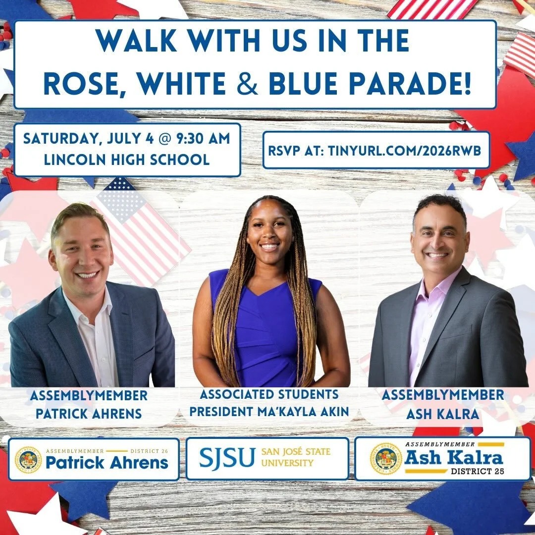 Walk with @ash_kalra @patrickjamesahrens and @sjsugovernment in the @rwbparade on America&rsquo;s 250th birthday! Sign up using linktree in bio!
