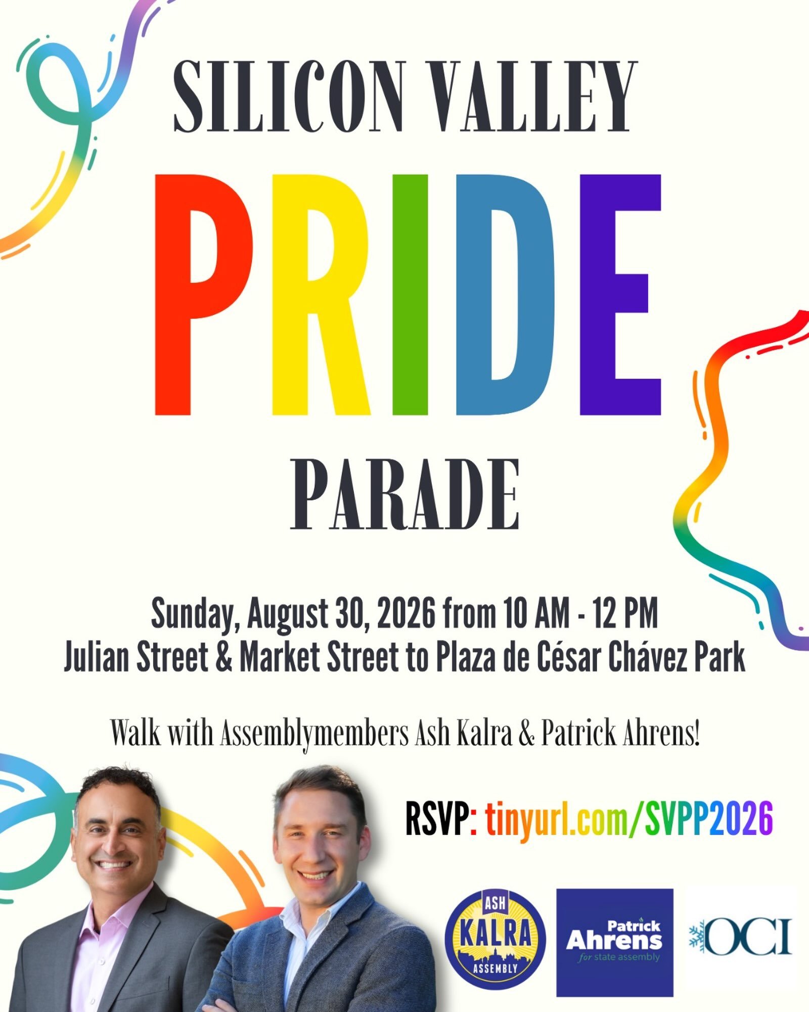 Join @orchardcityindivisible, @ash_kalra, and @patrickjamesahrens at the @svpride Parade! Please register at tinyurl.com/SVPP2026 🌈🩷🩵