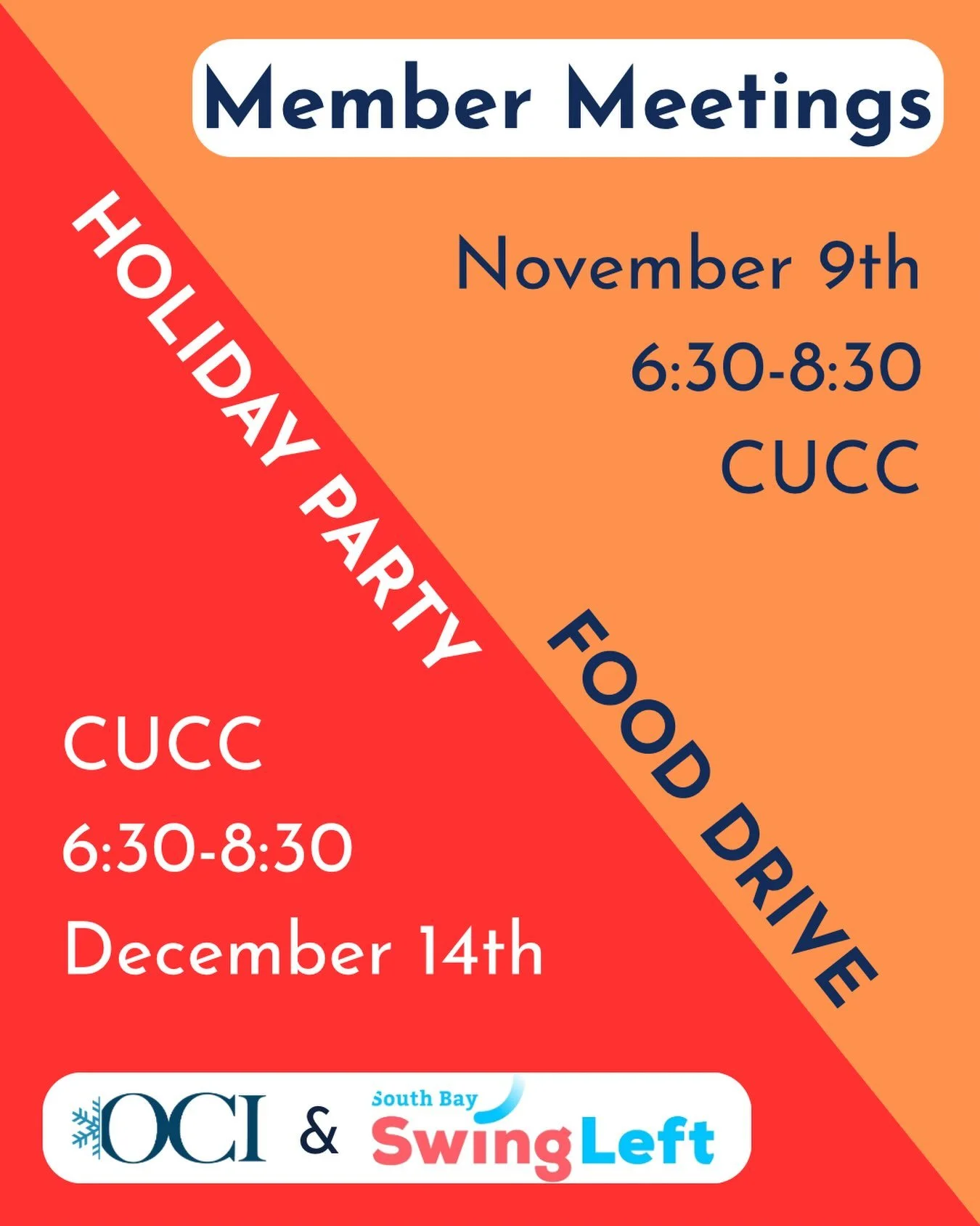 @orchardcityindivisible and @southbayswingleft have just two more member meetings left in 2026! we hope you&rsquo;ll consider contributing to our annual food drive at our november 9th meeting. sign up in our bio!