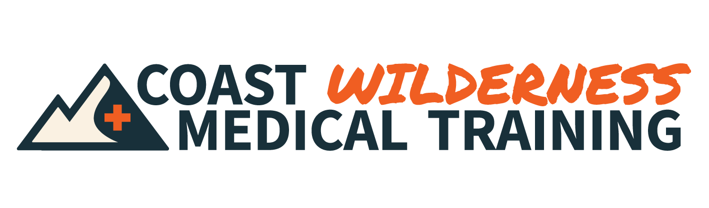 Logo for Coast Wilderness Medical Training featuring a mountain icon with a plus sign and the text 'Coast Wilderness Medical Training' with 'Wilderness' highlighted in orange.