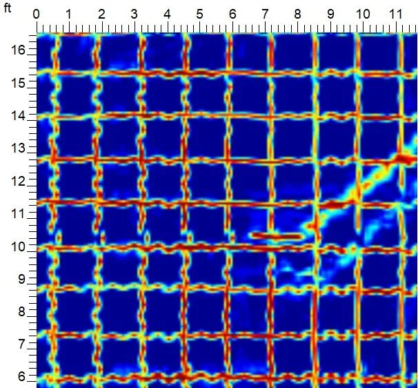 Data results showing concrete (vertical/horizontal red) and potential heating lines (angled red) (scale on left in feet)