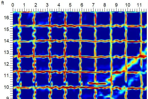Rebar structure (red) and heating line (left) in concrete delineated using ground penetrating radar