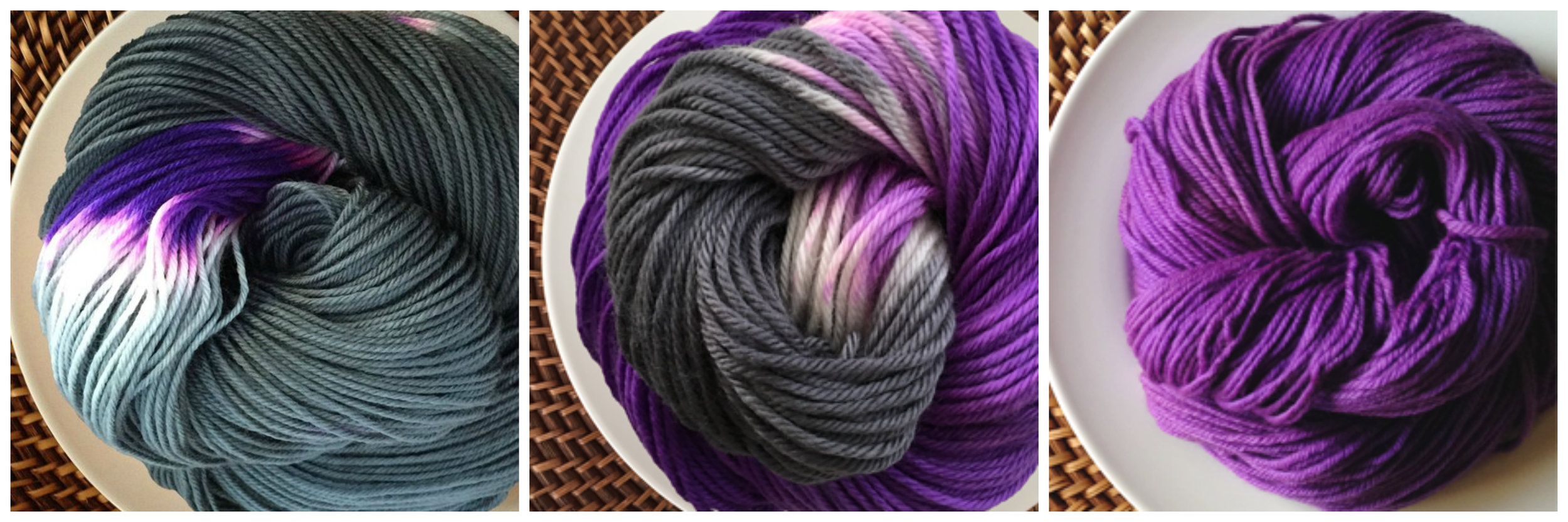 From left to right: Sweets in Blackberry , Sweets in Grape Licorice , Frosting in Grape . Playing around with the amount of bright and neutral in your color shifts is a fun way to play with your favorite colors, too! If you love purple, playing around with the color while introducing wardrobe friendly neutrals is the perfect way to ease into a bright combination that you know will be wearable.