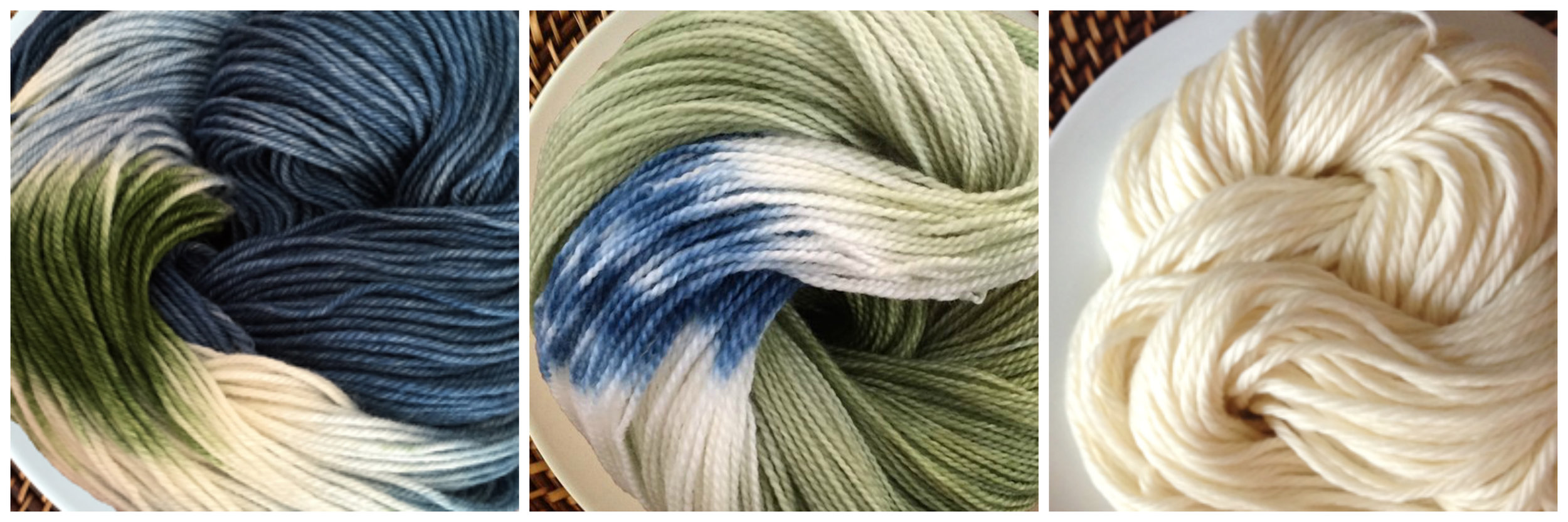 From left to right: Sweets in Gumdrop , Sweets in Green Tea , and Frosting in Vanilla . Playing around with the amount of blues and greens in the first two skeins allows for the sea glass tones to move into the simplicity of a warm white. This is an especially great color combination for anyone with blue or green eyes!