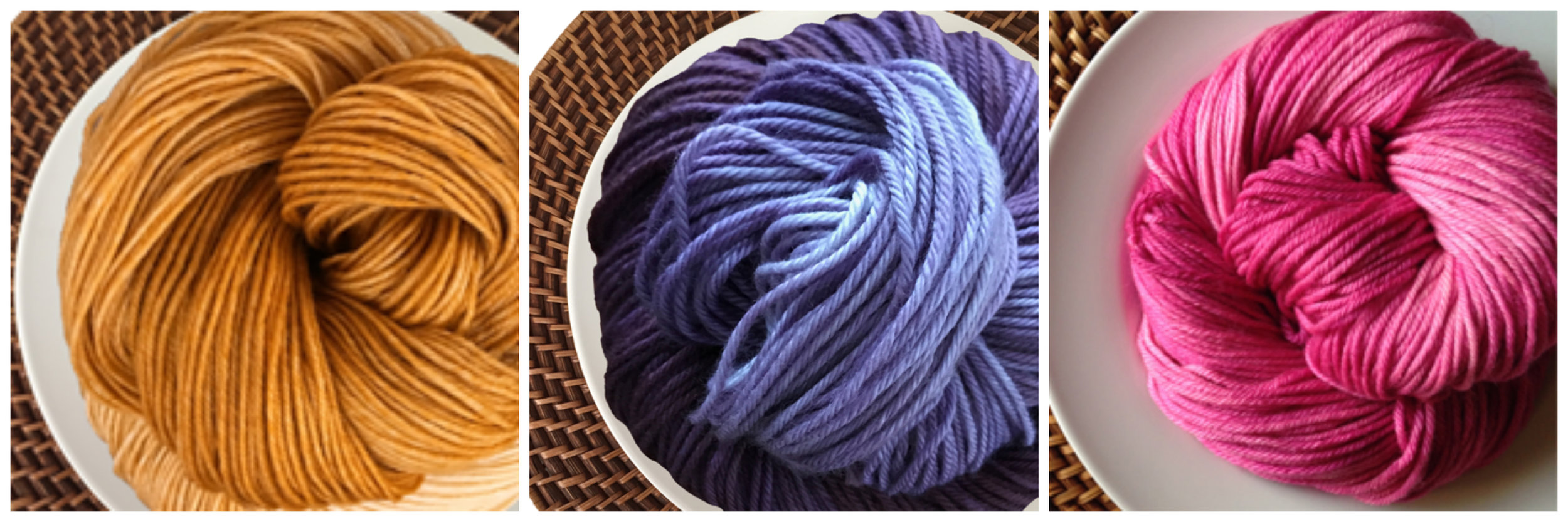 From left to right: Frosting in Pumpkin, Frosting in Currant, and Frosting in Raspberry . For those that love to pair brights in classic-with-a-twist ways, these fun shades combine beautiful into gorgeous stripes for shawls, socks, or sweaters! A fun take on primary colors.