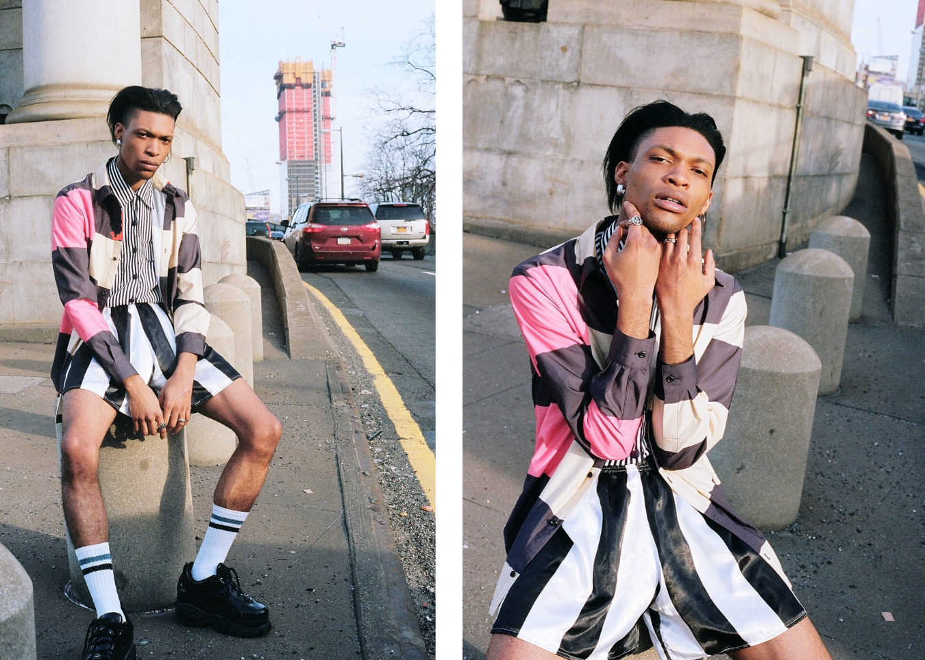 model: zeraj retalso stylist: raya sacco photographer: bobby banks Rochambeau jacket, Adam Dalton Blake shorts, and the shoes are from Buffalo