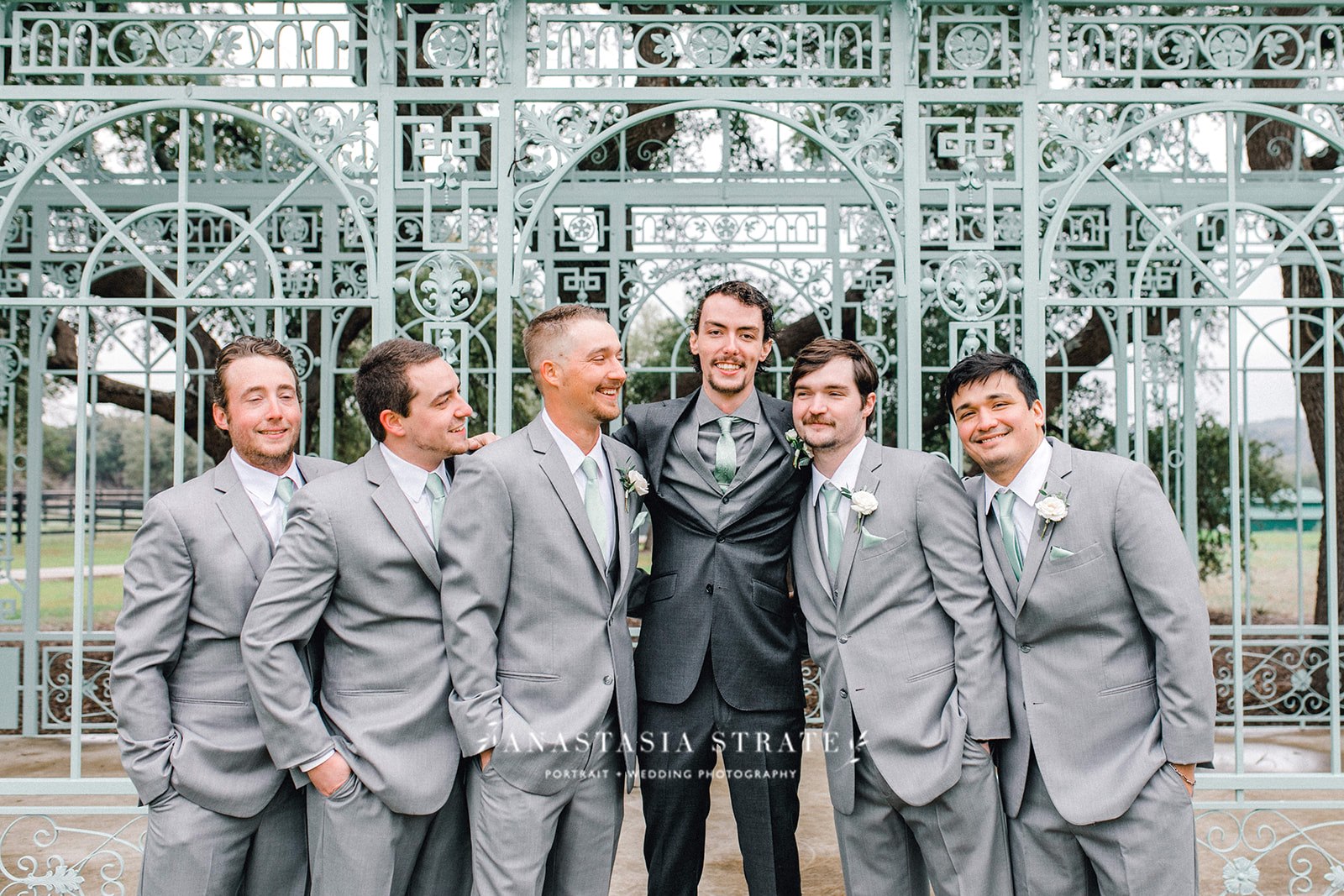  groom and the groomsmen wearing suits for the wedding 