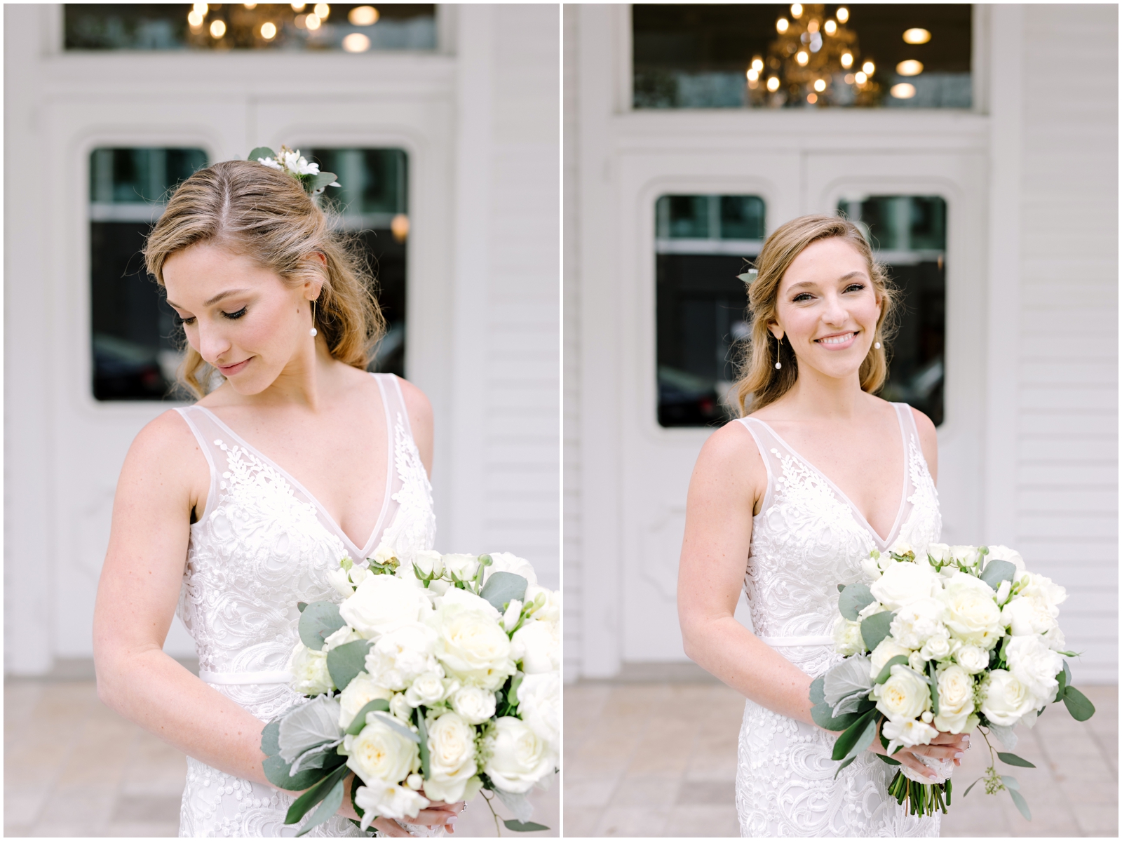 Bride portrait holding her white bridal bouquet