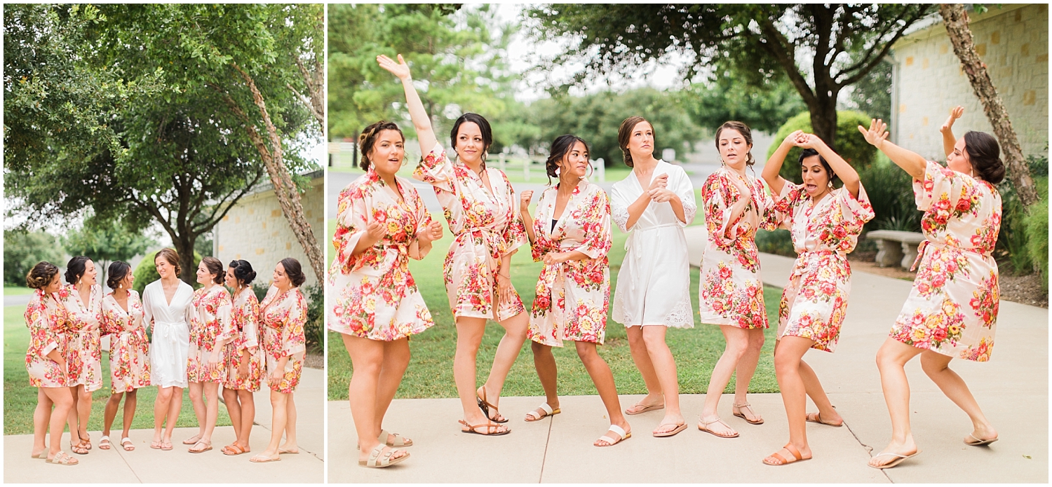 Bride and bridesmaids wearing floral robes before the Houston Wedding