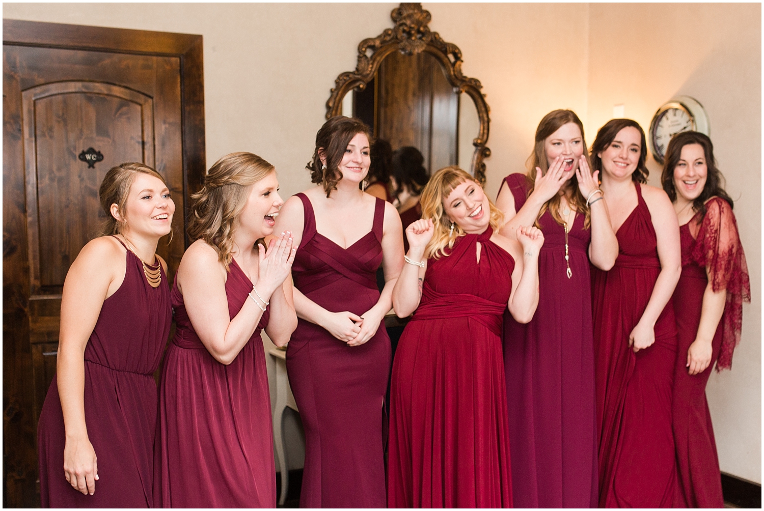  bridesmaids smiling at the bride for the first time 